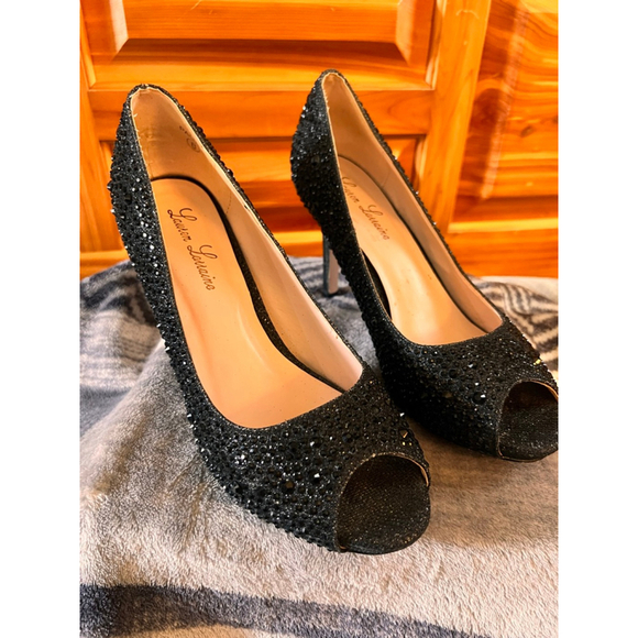Lauren Lorraine Shoes - Women's Lauren Lorraine Embellished Peep Toe Heels Black Size 8